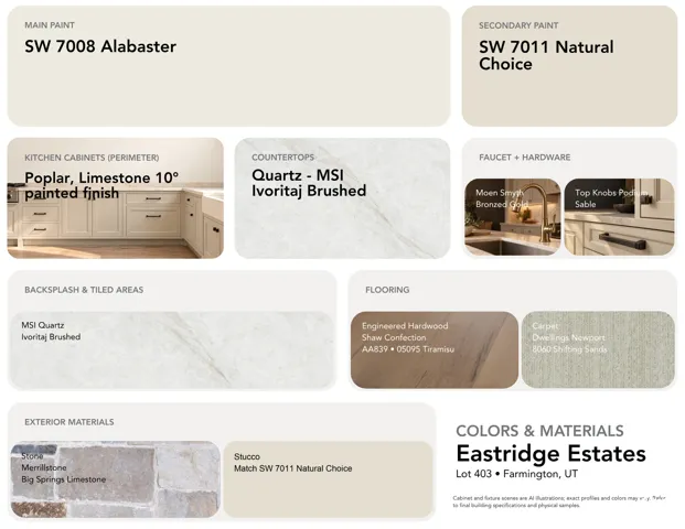 Material Specification Sheet. Outlining the interior and exterior finish selections for the property