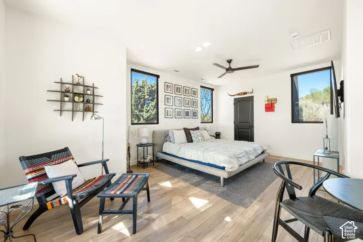Room featuring wood-finish flooring, three windows with dark frames, a dark-finished ceiling fan, and a single arched door with black hardware