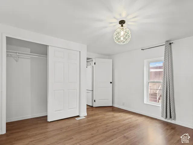 Wood-finish flooring, sliding closet door, multi-panel interior door, and decorative orb-style ceiling light fixture