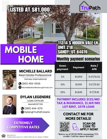 Real Estate Promotional Flyer. Outlining the listing price, financing scenarios, and contact details for the property