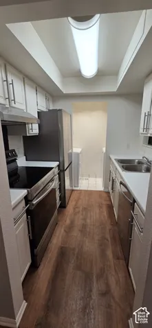 Kitchen featuring white cabinetry, stainless steel appliances, wood-finish flooring, dual-basin stainless steel sink, and recessed ceiling lighting