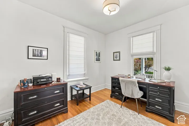 Room featuring wood-finish flooring, tall windows with millwork casing, roman shades, and a flush-mount drum ceiling fixture