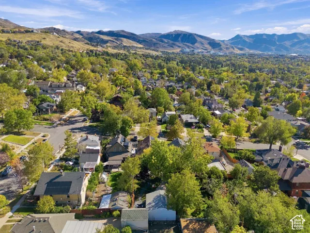Aerial perspective of a residential neighborhood featuring mature trees, expansive mountain backdrops, and established landscaping