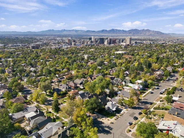Aerial perspective of a dense urban area featuring a skyline backdrop, mountain silhouettes, and mature tree canopy throughout the surrounding neighborhood