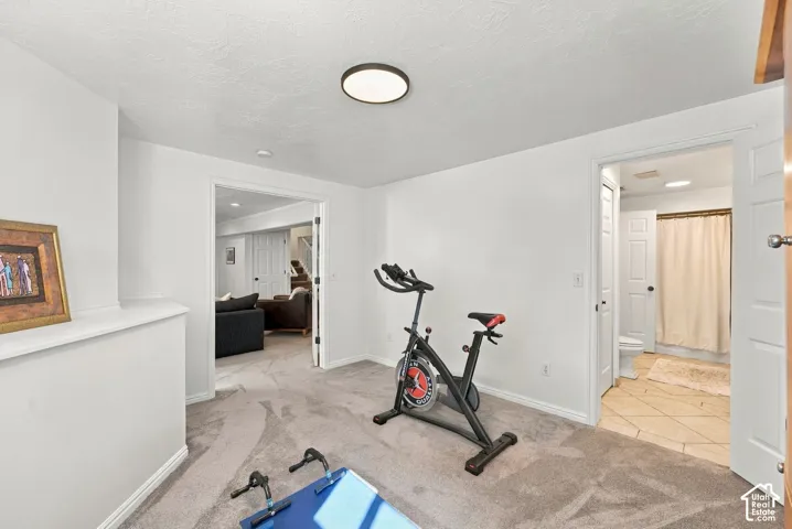 Neutral-toned carpeting, flush-mount circular ceiling lighting, and six-panel interior doors, with tiled flooring visible in the bathroom