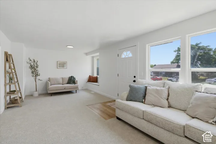 Neutral-toned carpeting, wood-finish flooring at entry, window seat with built-in storage, and paneled entry door with arched glass insert