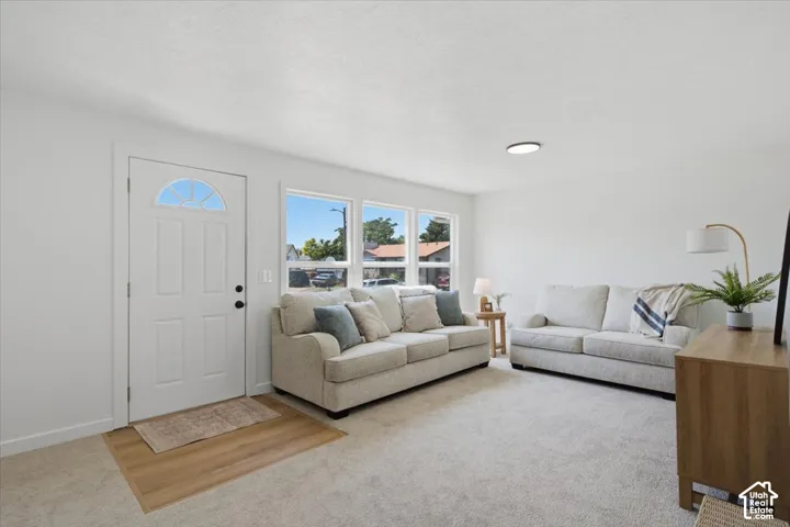 Neutral-toned interior featuring wall-to-wall carpeting, wood-finish entryway flooring, a multi-pane front door with a semicircular transom window, and triple-panel window configurations