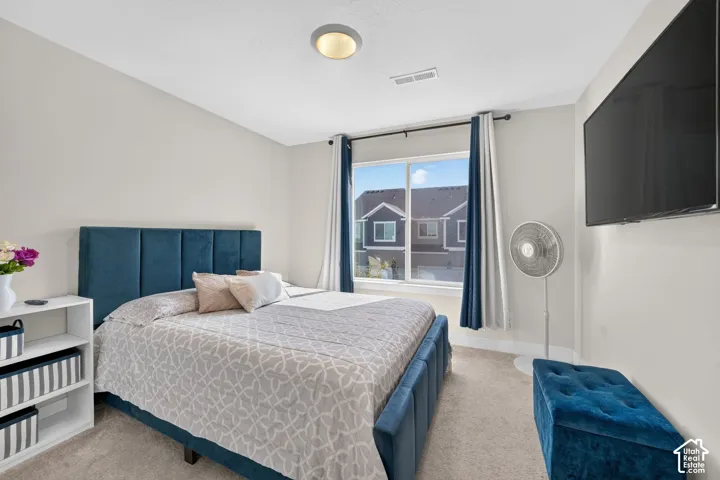 Carpeted flooring, window with exterior building visibility, and a ceiling-mounted light fixture