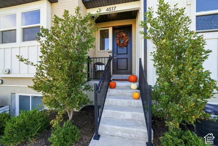 Front entry with concrete steps and black metal railings