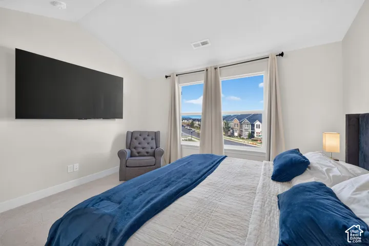 Vaulted ceiling with an integrated television wall mount, dual windows, and plush carpeting