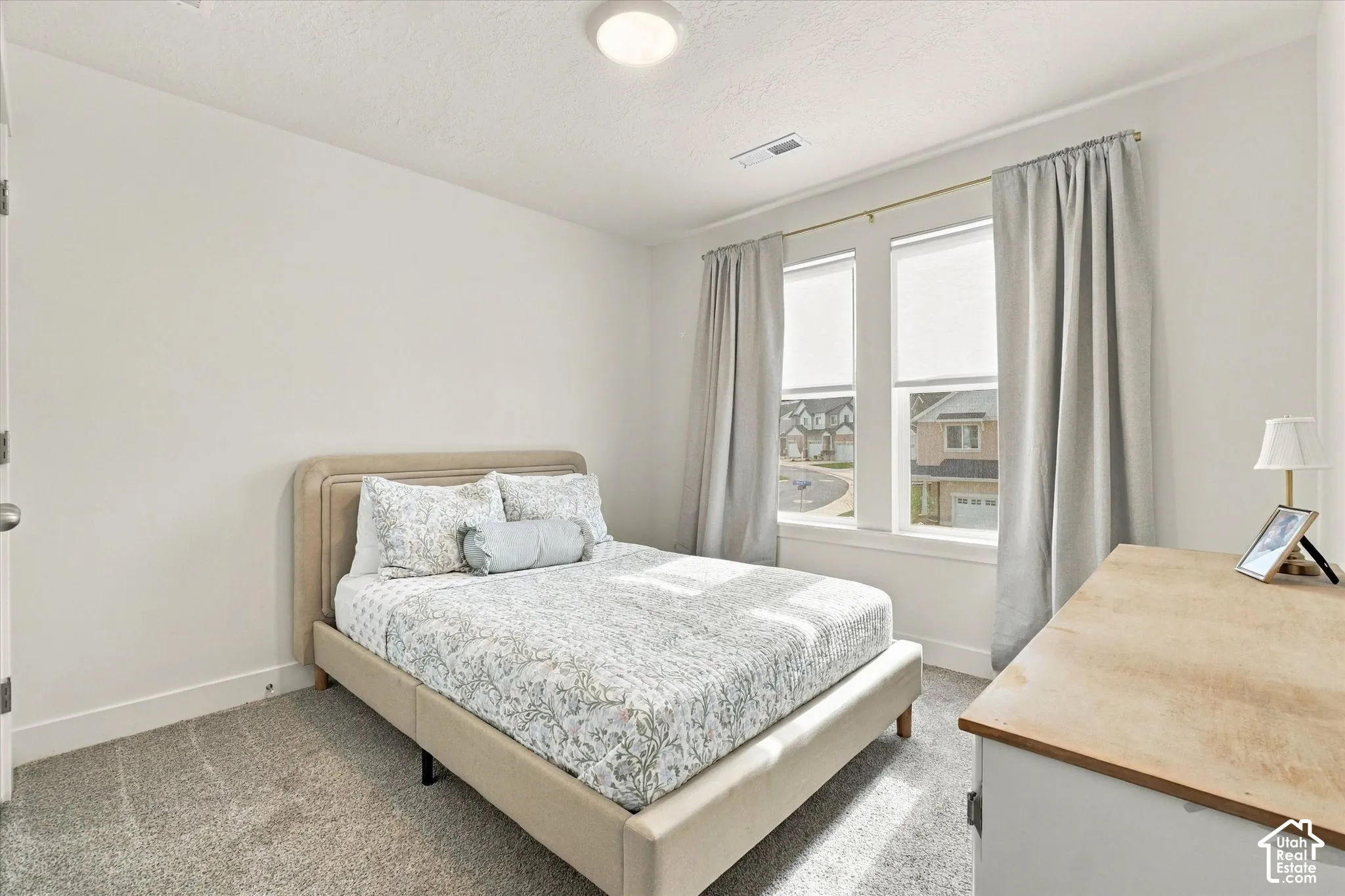 Neutral-toned carpeting, dual-pane windows with white trim, and a flush-mount ceiling light fixture
