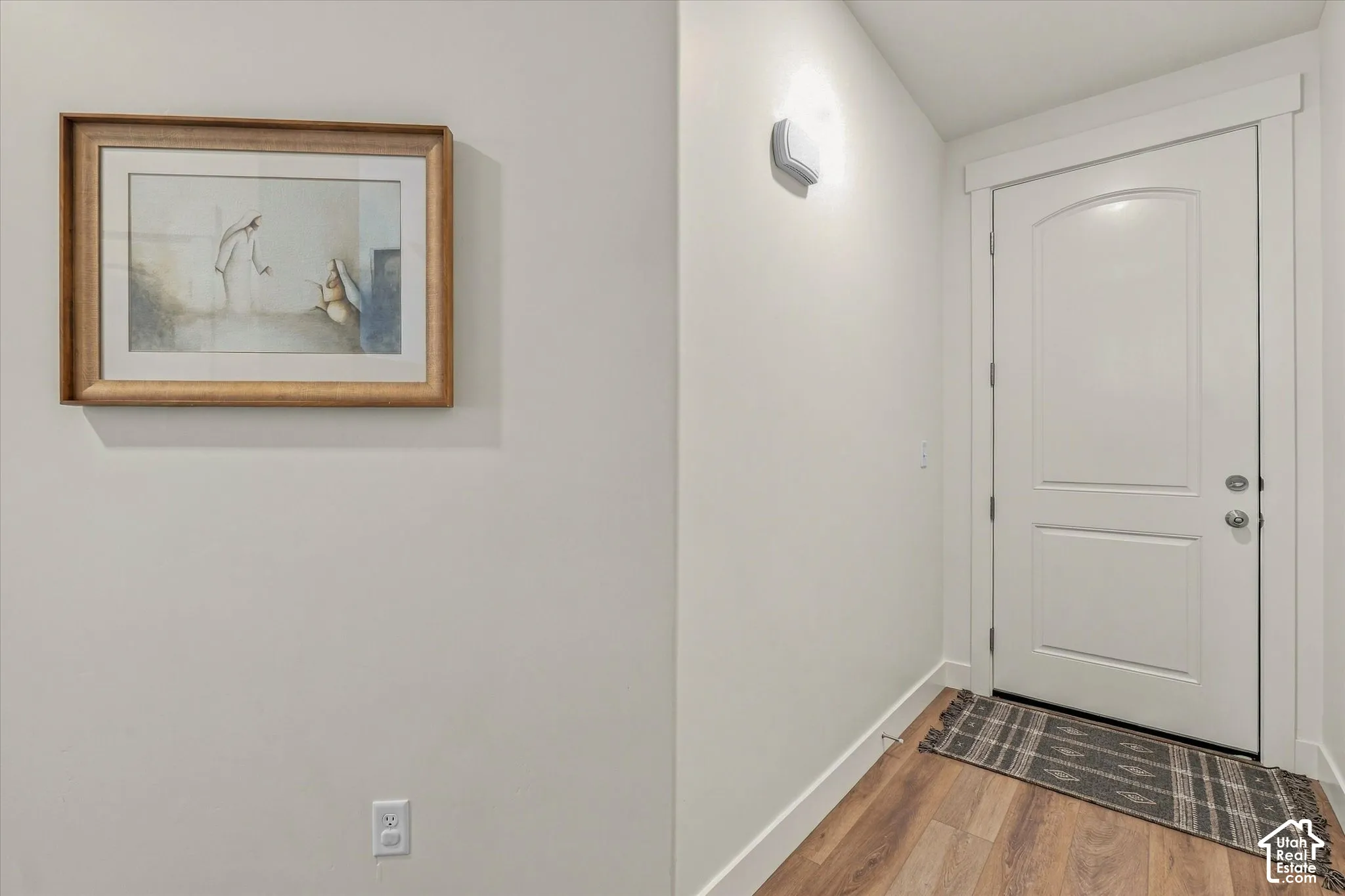 Entryway featuring a white paneled door with arched detailing, neutral wall tones, and wood-finish flooring