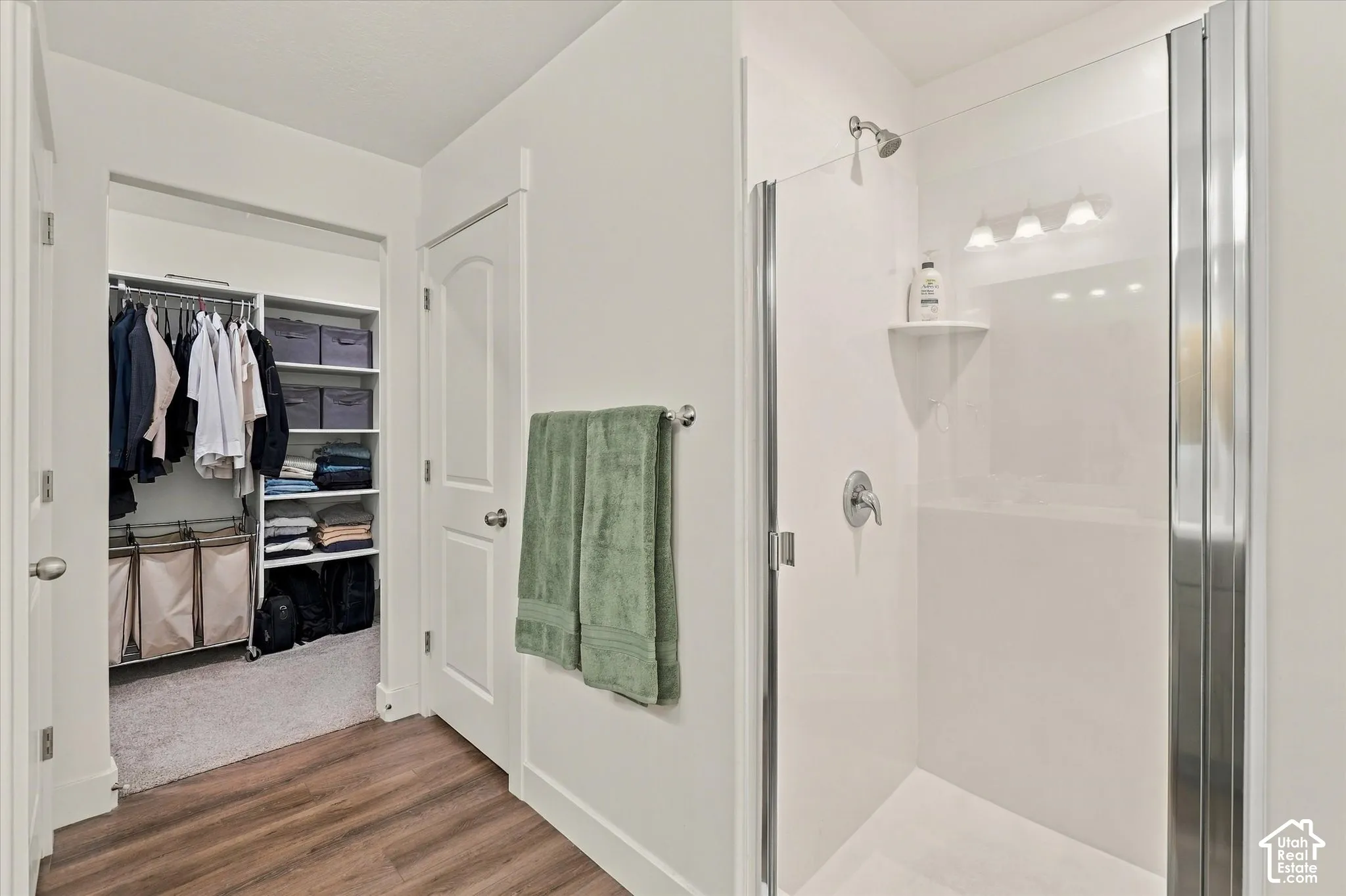 Walk-in closet with built-in shelving, glass-enclosed shower with chrome fixtures, wood-finish flooring, and solid-core interior doors