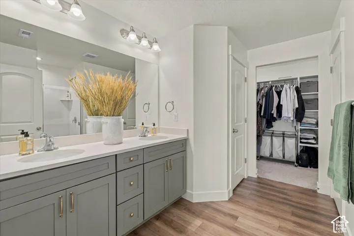 Dual-sink vanity with neutral-toned cabinetry, light-colored countertops, large wall-mounted mirror, and wood-finish flooring