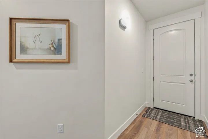 Entryway featuring a white paneled door with arched detailing, neutral wall tones, and wood-finish flooring