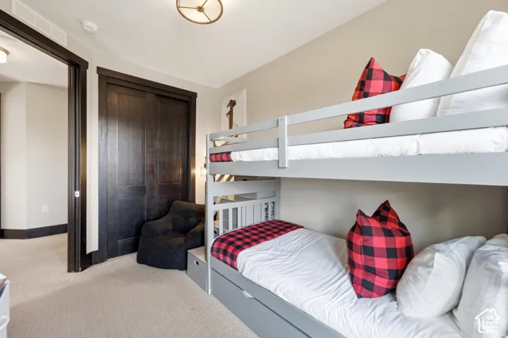Interior room featuring dark wood-finish door frames, solid dark-finish double closet doors, neutral carpeting, and a flush-mount circular ceiling fixture