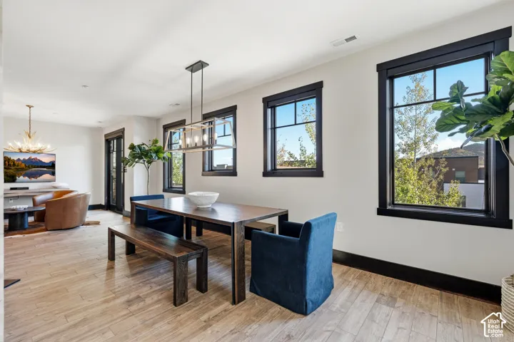 Wood-finish flooring, rectangular multi-light pendant fixture, and prominent windows with high-contrast black casing