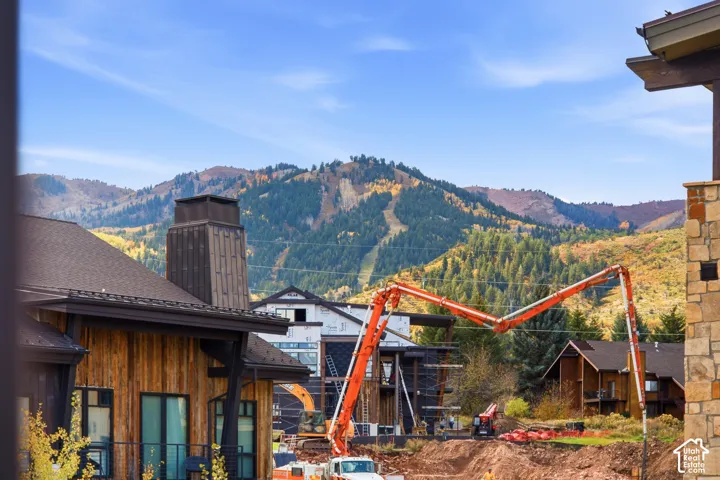 Exterior featuring wood siding, metal roofing, stone masonry, and a prominent chimney, set against a mountainous backdrop