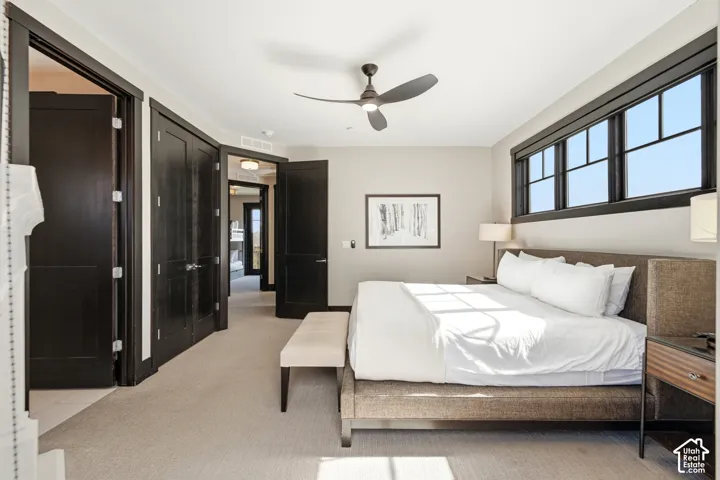 Room featuring high-contrast design elements with dark-stained wood interior doors and window frames, wide horizontal multi-pane windows, neutral wall-to-wall carpeting, and a modern ceiling fan with integrated lighting