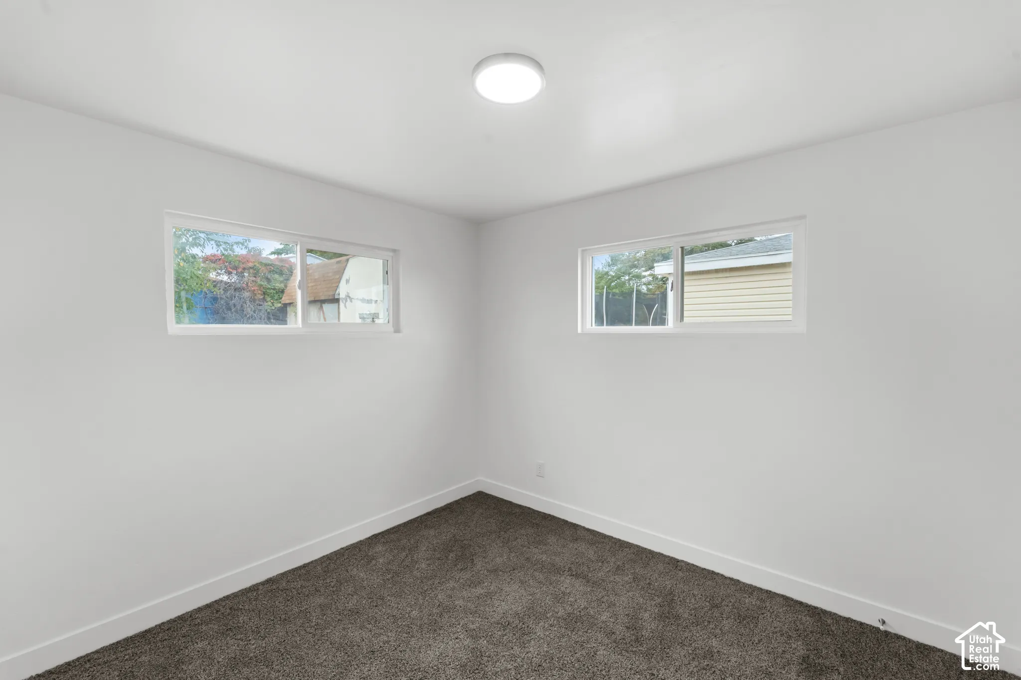 Neutral-toned carpeted flooring, dual sliding windows, and a flush-mount overhead ceiling light fixture