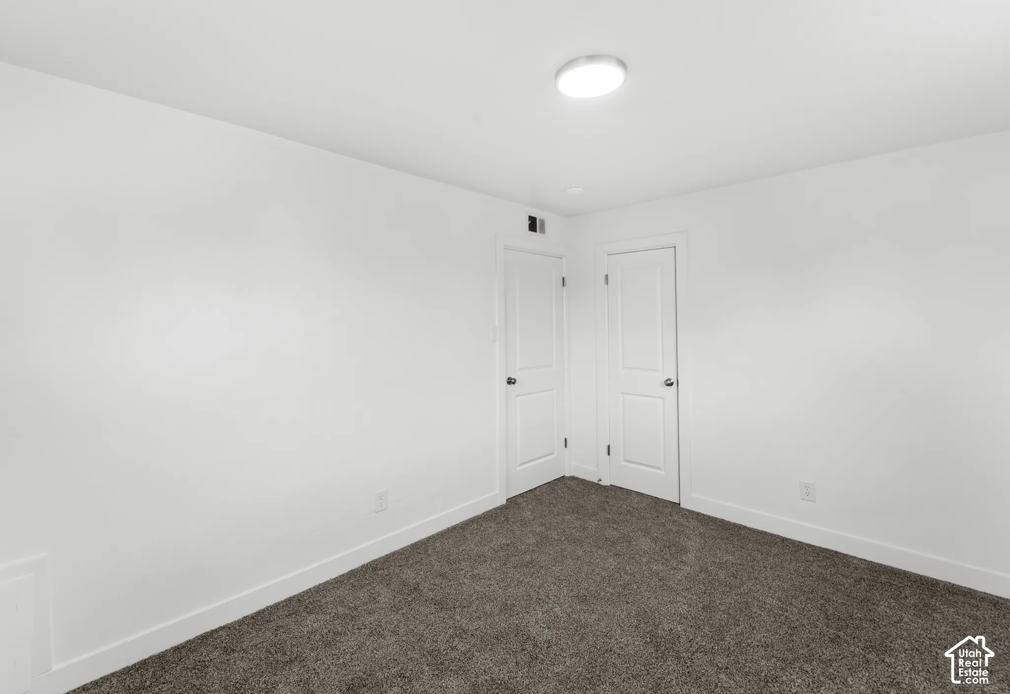 Neutral interior space featuring wall-to-wall carpeting, two panel-style doors, and a flush-mount ceiling light fixture