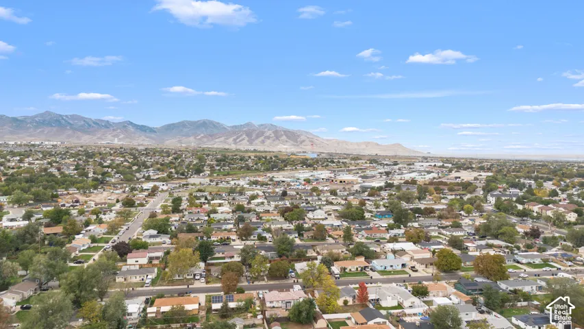 Aerial perspective of the residential area featuring a prominent mountain backdrop