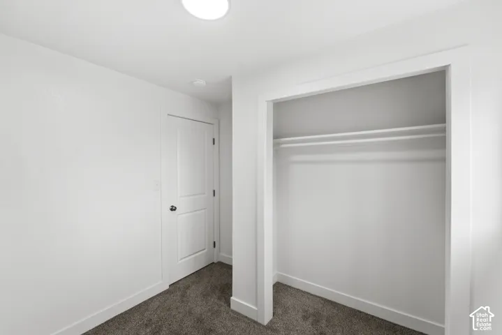 Neutral wall finish, gray carpeting, interior door with polished hardware, and recessed closet featuring a built-in shelf and rod
