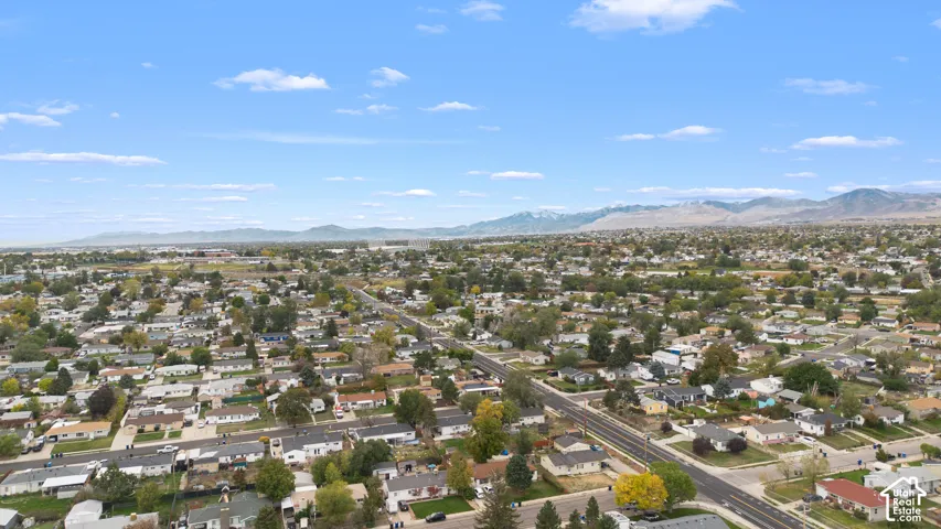 Aerial perspective featuring mature tree-lined streets and a prominent mountain range backdrop