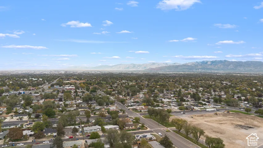 Aerial perspective showcasing mature tree canopy, established neighborhood grid, and expansive mountain range backdrop
