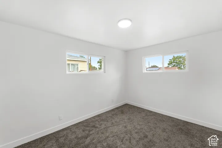 Neutral interior featuring dual sliding windows, plush wall-to-wall carpeting, and a central flush-mount ceiling light