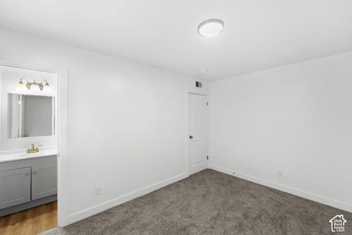 Interior space featuring neutral-toned carpeting, a flush-mount ceiling light, and a single-panel interior door, with a glimpse of an auxiliary room containing a grey vanity cabinet with a stone-top sink and multi-bulb wall-mounted lighting