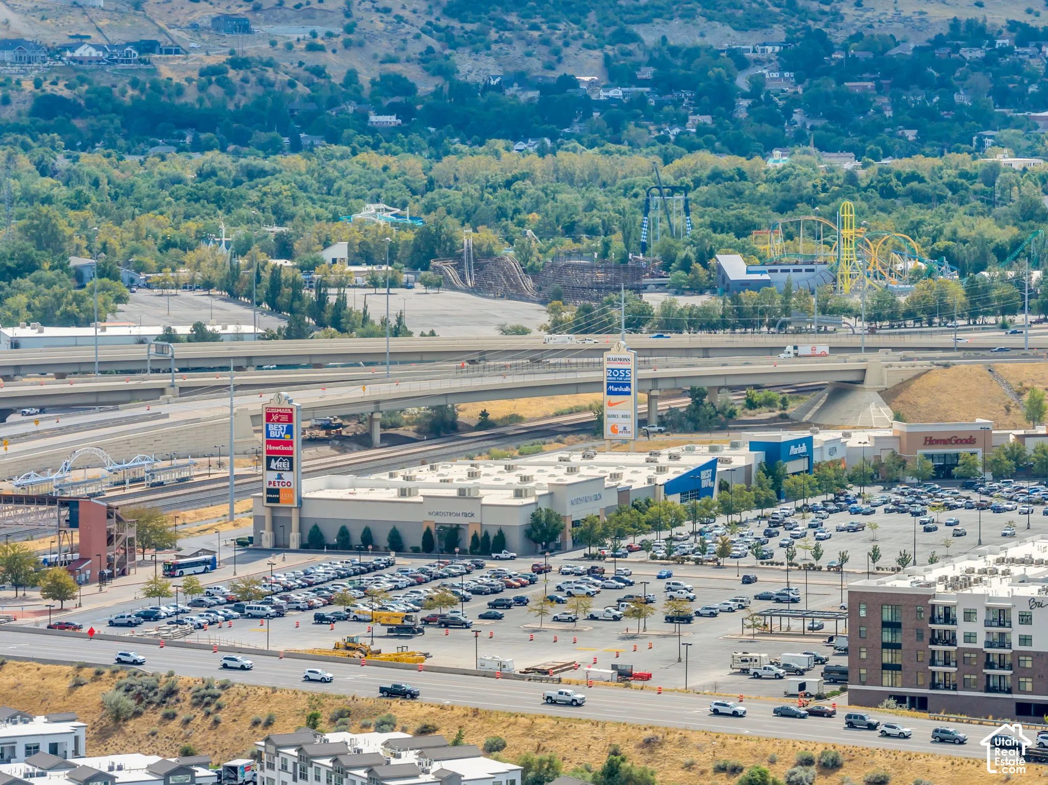 Aerial perspective featuring proximity to commercial retail centers and regional transit infrastructure