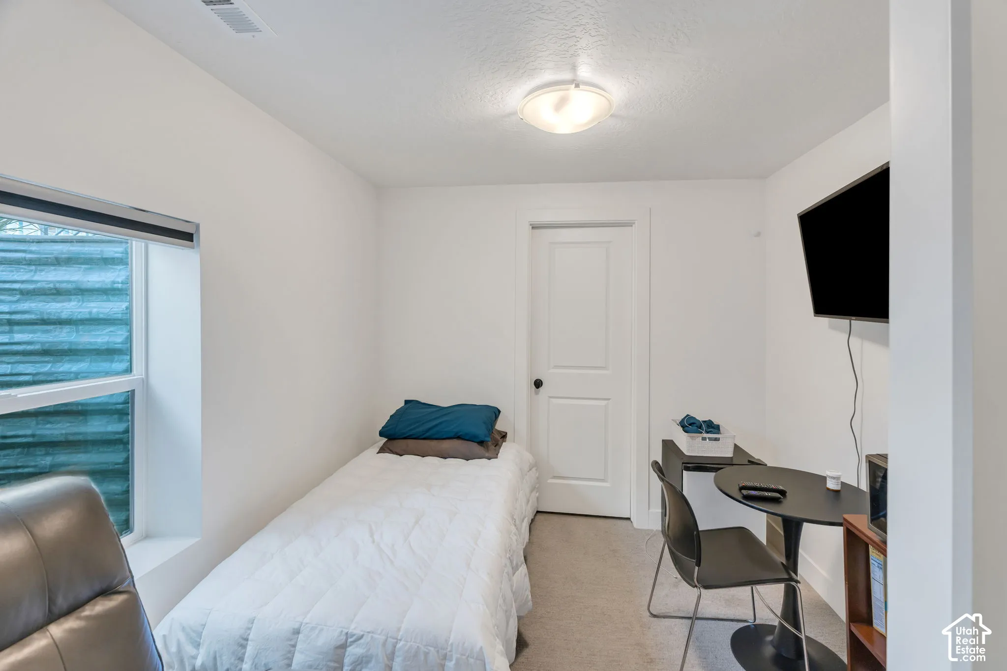 Interior space featuring neutral wall paint, wall-to-wall carpeting, a multi-panel interior door, and a recessed window with an exterior window well