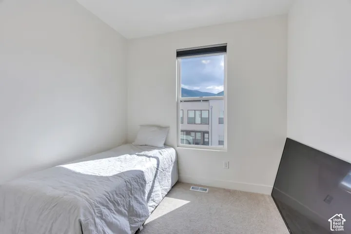 Neutral-toned interior space featuring wall-to-wall carpeting and a single-pane window with mountain scenery