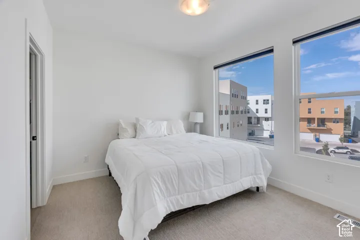 Room featuring neutral carpeting, high-profile windows with dark frames, and a ceiling-mounted light fixture