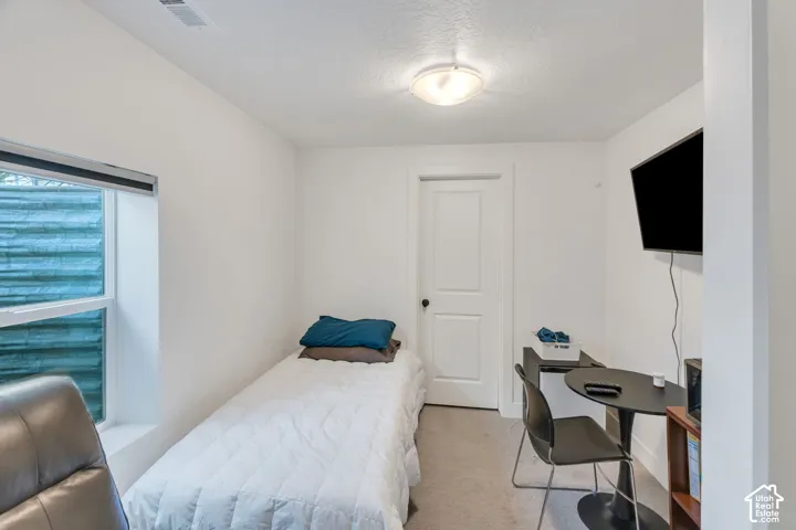 Interior space featuring neutral wall paint, wall-to-wall carpeting, a multi-panel interior door, and a recessed window with an exterior window well