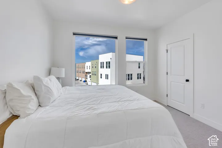 Neutral-toned interior featuring dual windows, high-contrast matte black hardware, and wall-to-wall carpeting