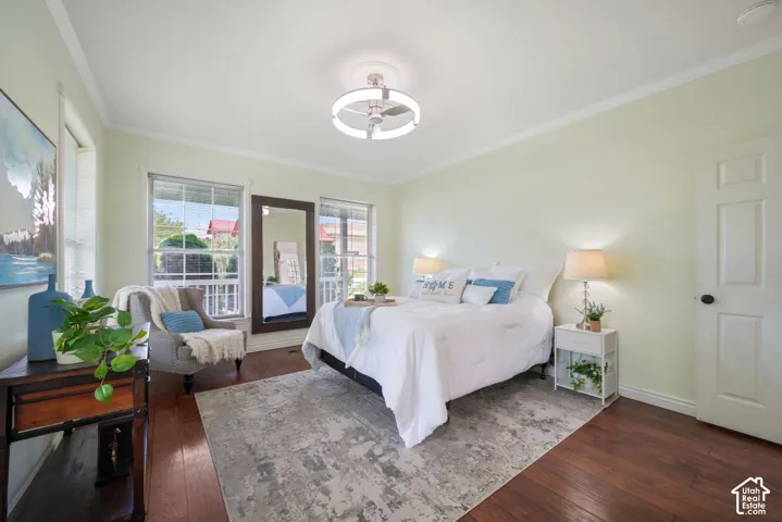 Spacious room featuring wood-finish flooring, two multi-pane windows, a modern circular ceiling light fixture, and a solid-core interior door