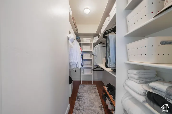 Walk-in closet featuring floor-to-ceiling white shelving, integrated clothing rods, flush-mount lighting, and wood-finish flooring