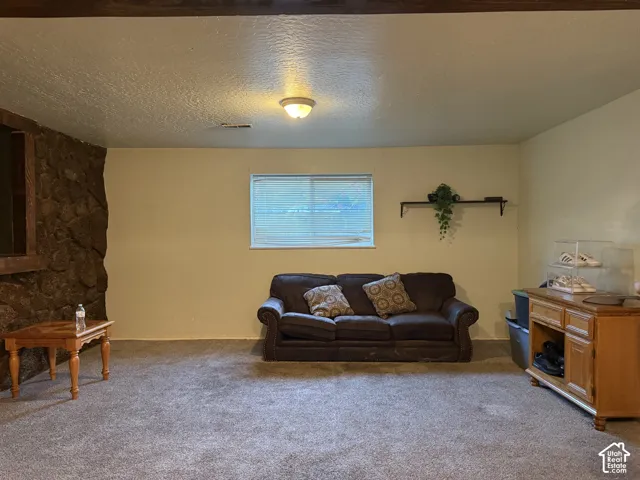 Interior space featuring an accent wall of natural stone masonry, textured ceilings, carpeted flooring, and a single-pane sliding window