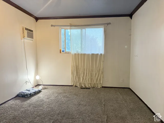 Interior space featuring wall-to-wall carpeting, crown molding, and a sliding window with an integrated wall-mounted air conditioning unit