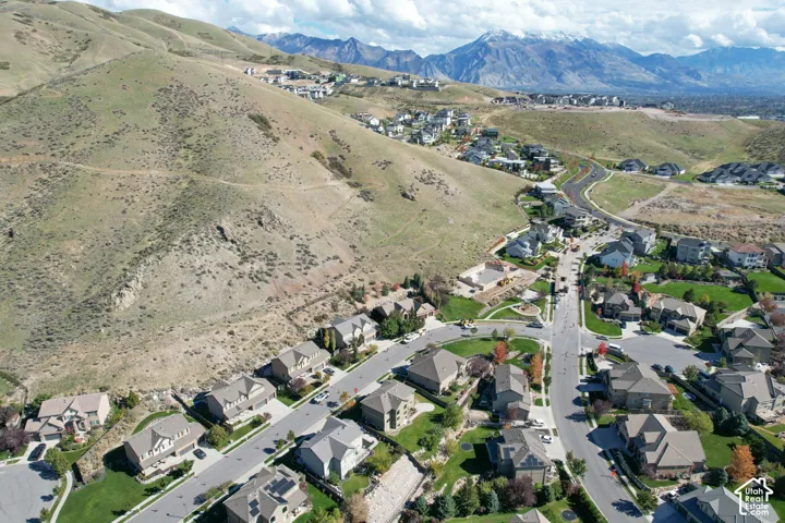 Aerial view of a residential neighborhood featuring paved streets, mature trees, manicured lawns, and a mountain range backdrop