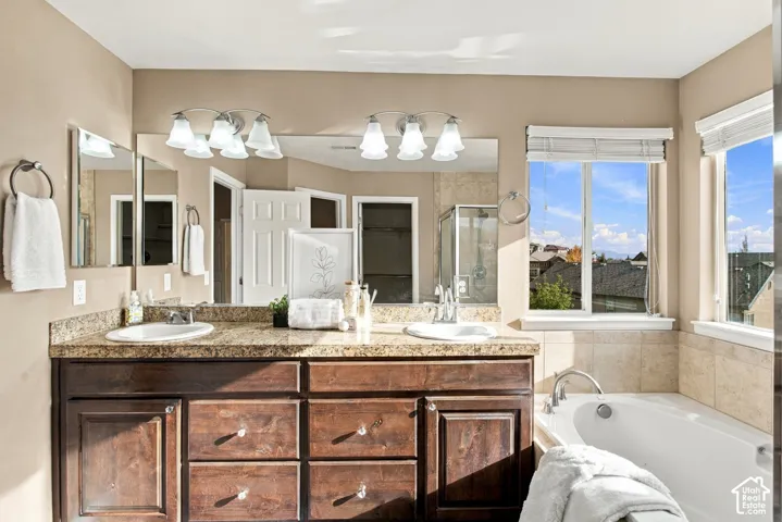 Dual-sink vanity with stone-finish countertop, dark wood-finish cabinetry, large wall-spanning vanity mirror, and built-in soaking tub