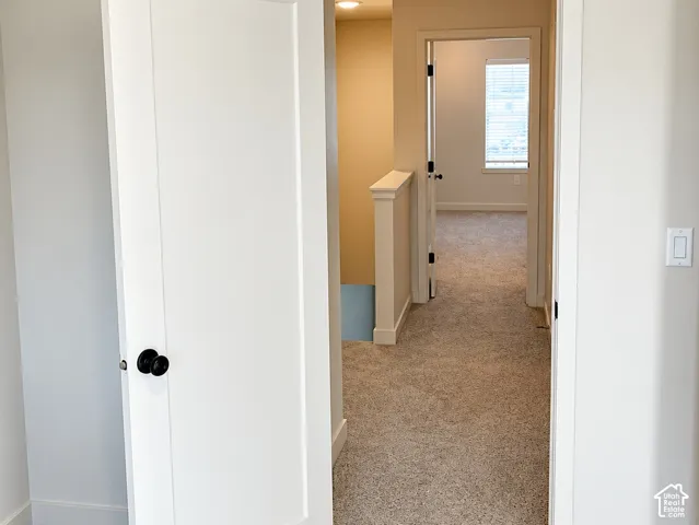 Neutral-toned carpet flooring, solid-core shaker-style interior doors, and matte black hardware