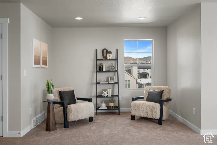 Neutral-toned interior space featuring recessed ceiling lighting, wall-to-wall carpeting, and a multi-pane window with mountain scenery