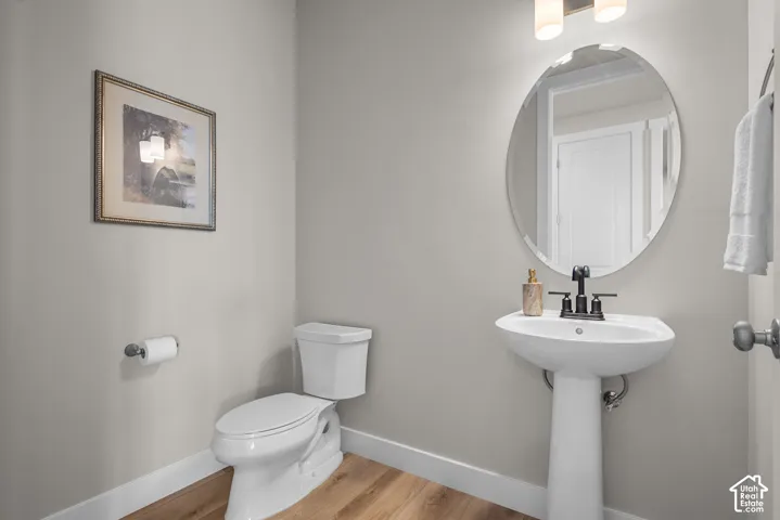 Pedestal sink with oil-rubbed bronze faucet, oval wall-mounted mirror, two-light fixture, and wood-finish flooring