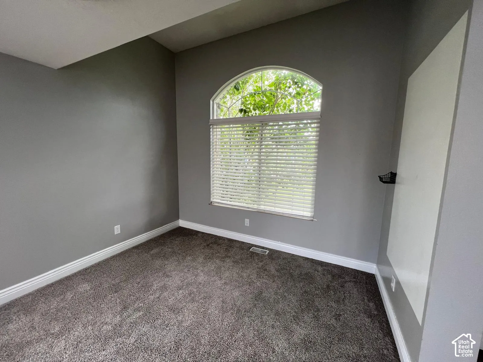 Vaulted ceilings and an arched window featuring a built-in blind, complemented by neutral carpeting