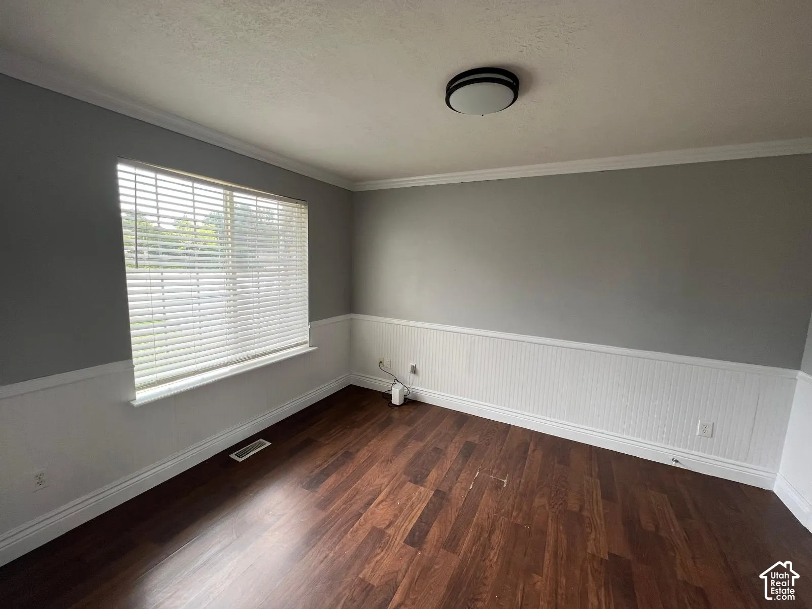 Room featuring wood-finish flooring, white wainscoting, crown molding, and a flush-mount ceiling light fixture
