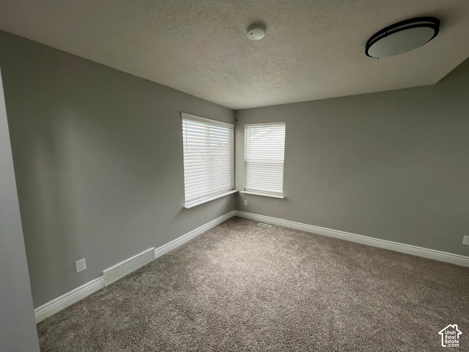 Neutral interior featuring wall-to-wall carpeting, dual-aspect windows with horizontal blinds, and a flush-mount ceiling fixture