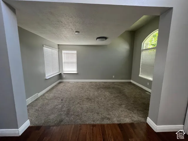 Vaulted ceilings, arched windows, plush wall-to-wall carpeting, wood-finish flooring, and horizontal window blinds